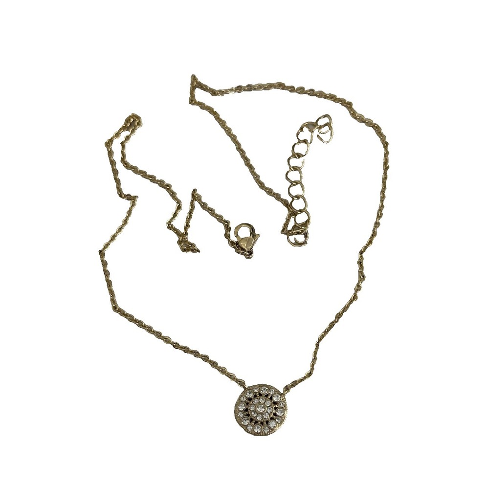 ATI Pendant Necklace Gold Tone Round Rhinestones Adjustable 16-18 in